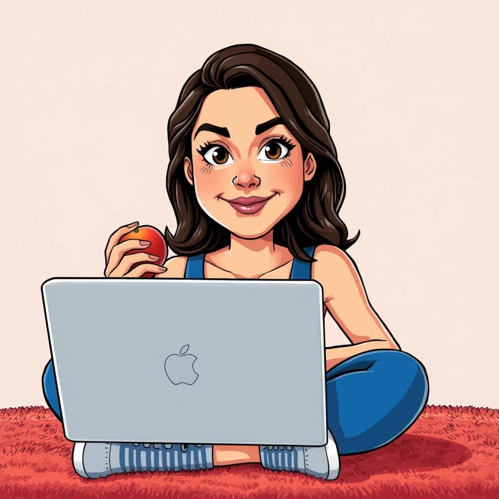 A thoughtful young woman of Caucasian appearance, wearing sportswear, is sitting on a carpet with her legs crossed, a silver laptop in front of her, and a apple in her left hand. She has a bright, expressive facial expression and soft features. Her oval face with rounded contours and soft, defined cheekbones exudes a sense of warmth and kindness. Her forehead is smooth, with no deep wrinkles, and her hairline is smooth, with light strands framing her face.
Neat arched eyebrows of medium width emphasize the emotionality of her gaze. Large almond-shaped eyes with a lively, open gaze attract attention with their expressiveness. A straight nose with a thin bridge and a neat tip harmoniously fits into the overall composition of the face.
Medium-full lips are curved in a wide, open smile with a clear outline. Fair skin with an even tone and a natural blush gives her a healthy and fresh appearance. Dark brown wavy hair frames her face freely, with some strands in a light hairstyle.