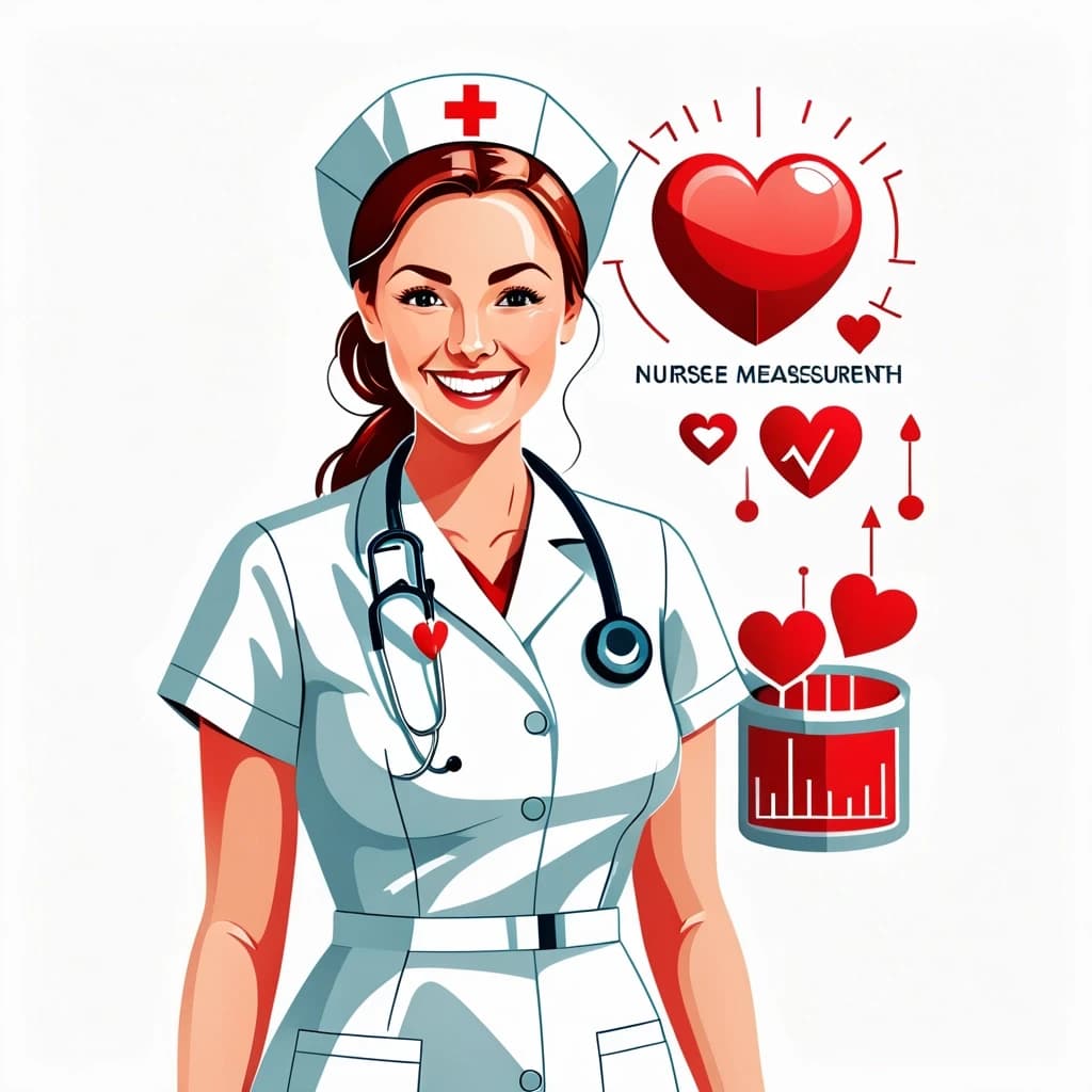Professional vector graphics on a pristine white background. Nurse smiling, pressure measurement, heart health.