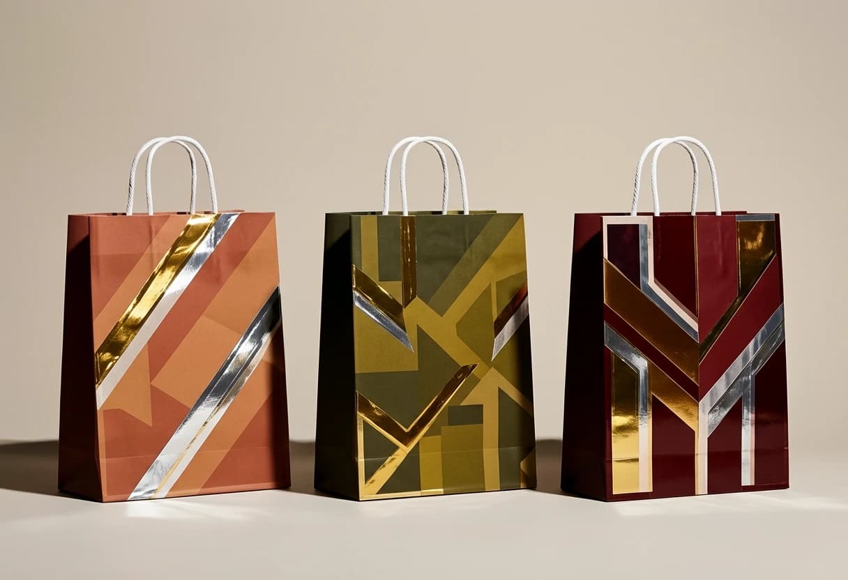 Three premium paper shopping bags standing side by side on a stark, matte light beige background with no gradient, white twisted rope handles, photorealistic product photography with harsh directional studio lighting, deep crisp shadows, and high contrast.
Left bag: muted clay terracotta and warm earth tones applied as sharp geometric blocks and angular diagonal stripes, overlaid with rigid metallic ribbons of liquid gold and liquid silver — but these are rendered as straight, hard-edged reflective inlays with glossy specular highlights and mirror-like reflections.
Center bag: burnt olive deep green and golden-olive tones, featuring a brutalist geometric composition of intersecting rectangles, zigzag lines, and faceted polygonal panels, with liquid gold and silver metallic accents shaped into precise angular strips.
Right bag: rich red mahogany and deep burgundy, with metallic gold and silver paint integrated as severe geometric chevrons, triangular inserts, and rectangular plates, all with a highly reflective, polished metal finish.
Overall arrangement: strictly symmetrical, equally spaced, with an uncompromising industrial elegance, emphasizing straight lines, sharp edges, and a rigid, sculptural presence.