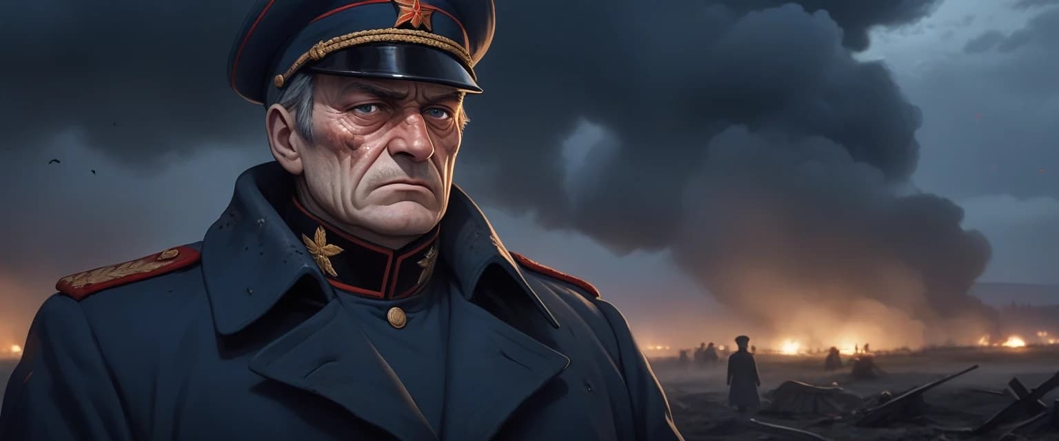 Generale Ivan Voronov, a man in his late 50s, a strong-willed, weathered face with visible battle scars and a resolute, anguished expression, appearing to emerge from a swirling cloud of black smoke on a battlefield at night. His uniform, a classic, Soviet-style officer's dark blue greatcoat with tarnished gold shoulder boards, is heavily soiled and slightly torn. One arm is bandaged but still holding a submachine gun. The background is a chaotic scene of burning tanks and crumbling industrial buildings, illuminated only by the reddish-orange glow of the fires. Cinematic photorealism, high contrast, dramatic light from a single source, high detailed, 8k, sharp focus.