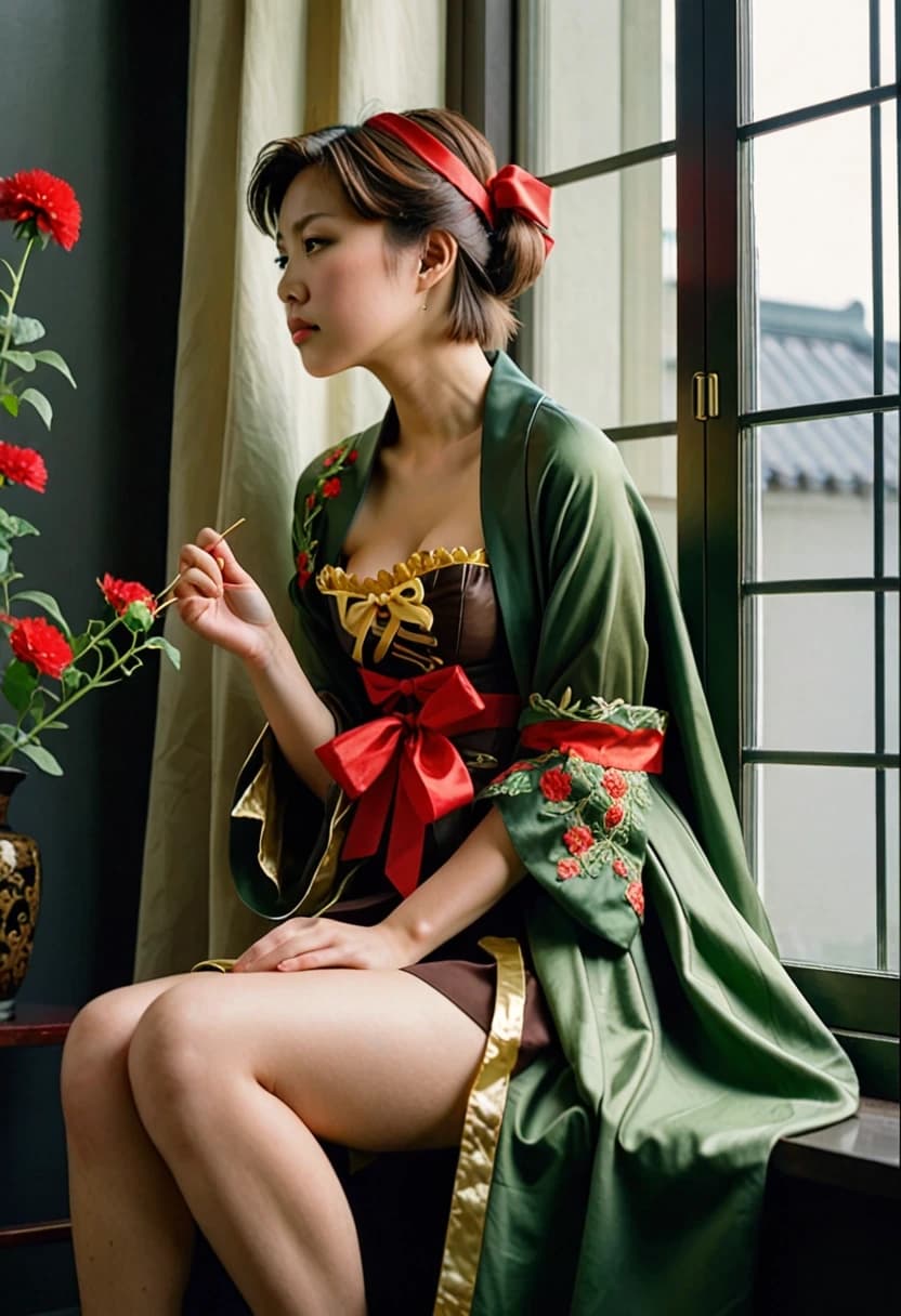 A young adult East Asian-looking woman with short brown hair and fair skin, seated elegantly on a windowsill in profile, body slightly turned, left hand resting on her left knee, right hand hanging naturally beside her thigh, gazing toward the left window. She wears a green cloak over a dark brown corset-style top with gold floral embroidery, a large red bow at the waist, and a long cream-colored skirt with black vine-like lace trim along the hem; her right arm features a metallic bracer and leather gloves, and a brown leather pouch with lacing hangs at her hip. The background is a large wooden-framed multi-pane window revealing lush green foliage outside, with sunlight streaming in from upper-left, casting soft highlights and gentle shadows across her figure. To her left on the sill sits an ornate oval mirror with carved frame; to her right, a small potted plant; foreground vines drape down on both sides, adding depth and natural framing. Medium shot, eye-level to slightly low angle, subject centered-right with ample negative space on the right for environmental context. Art style: Japanese fantasy illustration with visible brushwork and painterly texture, not photorealistic—digital painting with watercolor-like bleed and soft edges. Color palette dominated by emerald green, cream, earthy brown, with warm yellow highlights and cool green-gray shadows. Likely generation intent: faithfully reconstruct the 'Emerald Herald' character from Dark Souls II in a serene indoor setting, emphasizing costume accuracy, mood, and visual storytelling.