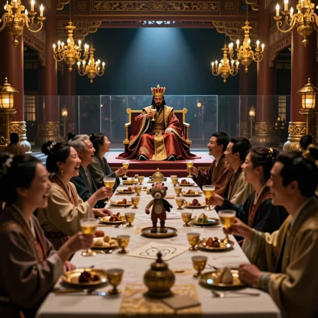 Cinematic photorealistic wide shot of a magnificent imperial banquet hall at night, with golden chandeliers and a long table surrounded by dozens of blurred guests laughing, toasting, and celebrating. At the far end, a solitary ruler in a heavy crown and imperial robes sits on a raised dais under a single cold spotlight, holding a golden goblet but not drinking. Between the ruler and the crowd, there is a subtle transparent glass wall or an empty moat of space. On the table beside the ruler, a single empty chair with an old, worn toy or a child's drawing. The ruler's face is calm, melancholic, deeply isolated. Photorealistic, dramatic chiaroscuro, warm gold and cold blue shadows, philosophical, lonely, 8k, shallow depth of field, 4:5 aspect ratio.