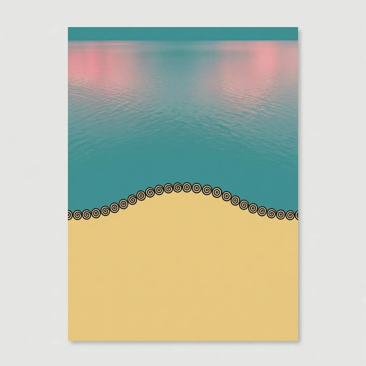 A minimalist vertical digital art for a romance novel cover, flat top-down view from above. The canvas is divided by a single fluid shoreline: the top area is calm turquoise sea water with soft pink and rose-colored sunset reflections, the bottom area is clean yellow sand. The clear water edge forms a perfect, seamless, elegant silhouette curve of a woman's hip and waist. Exactly along this smooth body contour line, running horizontally from edge to edge, is a razor-thin, delicate, ink-black Maori Koru pattern ornament. High aesthetic, clean layout, harmonious composition, no text, no people, no horizon line