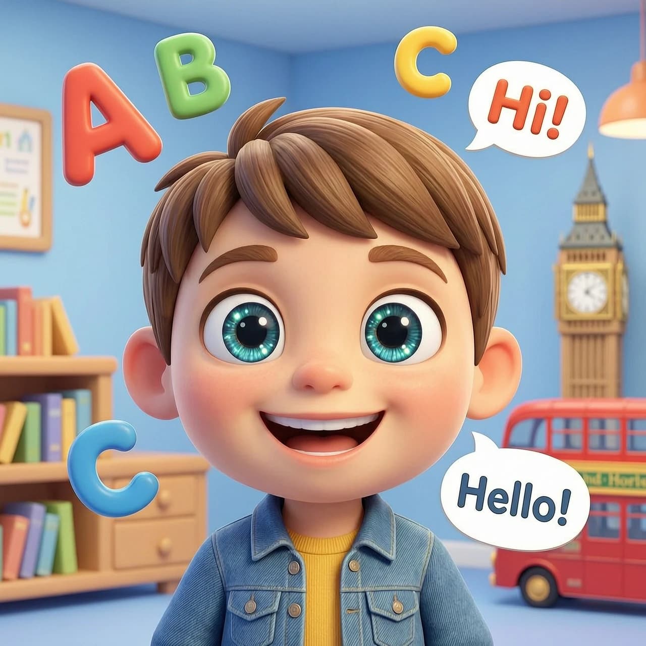 A vibrant and high-quality 3D cartoon avatar designed for an English language school for kids. The character is a friendly, expressive, and charismatic mascot with large, sparkling eyes and a wide, welcoming smile, radiating enthusiasm and intelligence. The style is inspired by modern Disney-Pixar animation, featuring smooth textures, soft rounded shapes, and highly detailed subsurface scattering on the skin. The character is surrounded by playful educational elements: floating 3D letters (A, B, C), speech bubbles with English words like "Hello!" and "Hi!", and a small iconic symbol like a stylized Big Ben or a red London bus in the background. Lighting is bright, cheerful, and cinematic, with soft studio rim lighting to make the character pop against a clean, colorful, slightly blurred classroom or library background. The composition is a centered close-up portrait (head and shoulders), perfect for a profile picture. High resolution, 8k, Octane render, masterpiece, joyful and energetic mood.