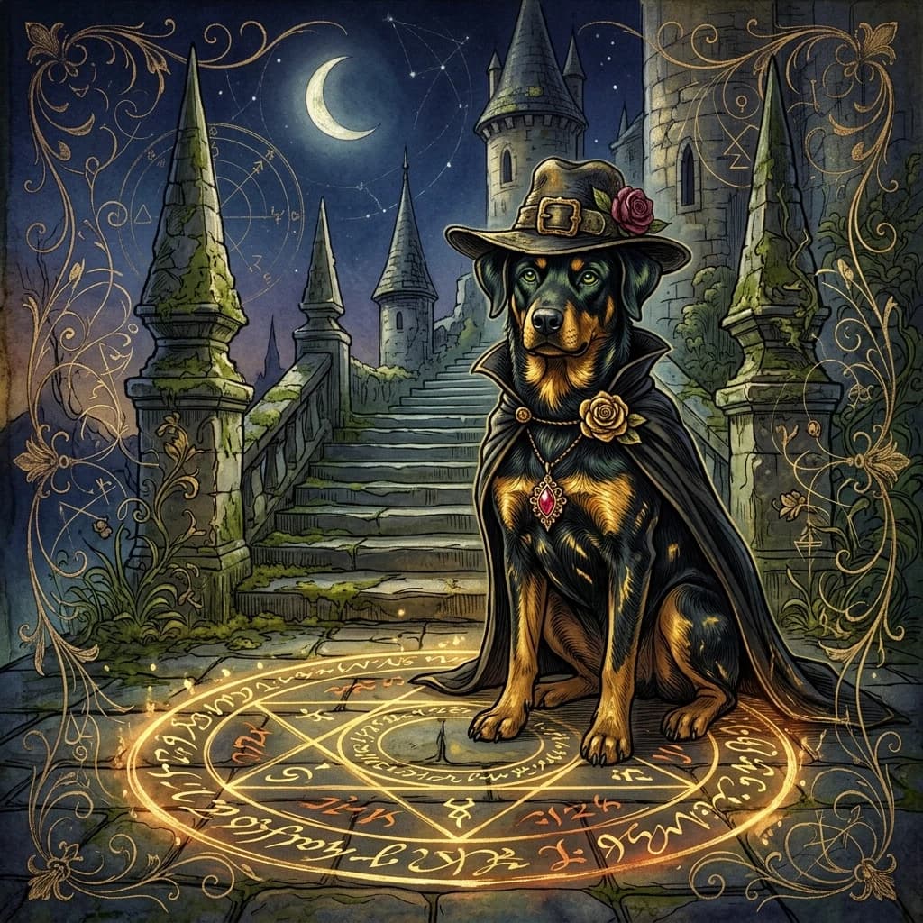 (Background):Moonlit night spires of an ancient stone building with moss growing between the stones. There is a dog sitting on a wide landing at the bottom of a stone staircase. In front of him is a golden magic circle. Magic runes are inscribed inside the circle, in calligraphic strokes (Dog): black and brown with golden markings, with green eyes. He is wearing a black cape with a pin in the shape of a rose. He wears a hat with a gold buckle and a red rose bud. There is a golden magic pendant with a red gemstone around her neck. (Style):art fantasy, shabby chic, rococo, baroque, art design, romance, close-up, double exposure, high quality, gradient, grace, outline, pen stroke, calligraphic handwriting, magical runes, secret writing, magic. Interior light, 4k, intricate details.