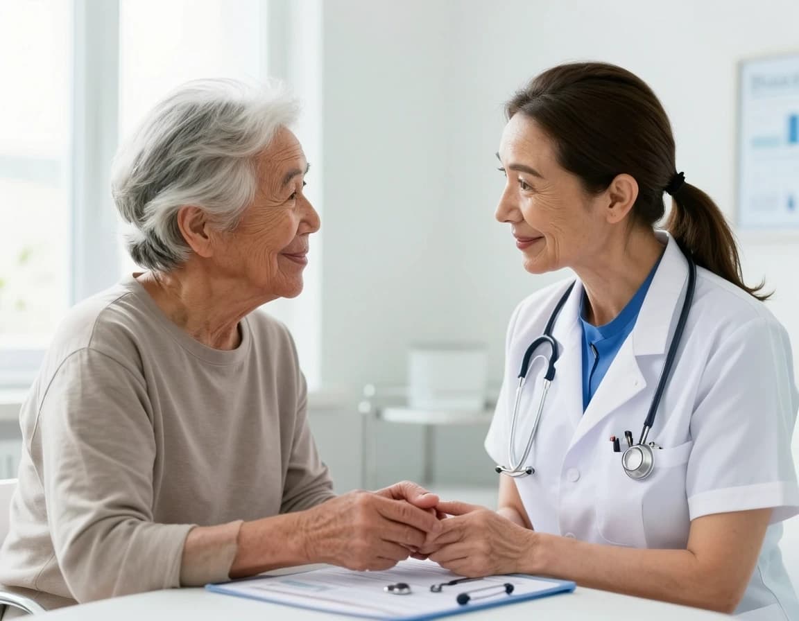 Photorealistic healthcare stock photograph of a compassionate female doctor consulting with an elderly male patient in a bright modern clinic, warm eye contact, authentic empathetic interaction, medical chart with no readable text, clean realistic interior, natural daylight, subtle facial expressions, realistic skin texture, professional commercial photography, high detail, no brand logos,