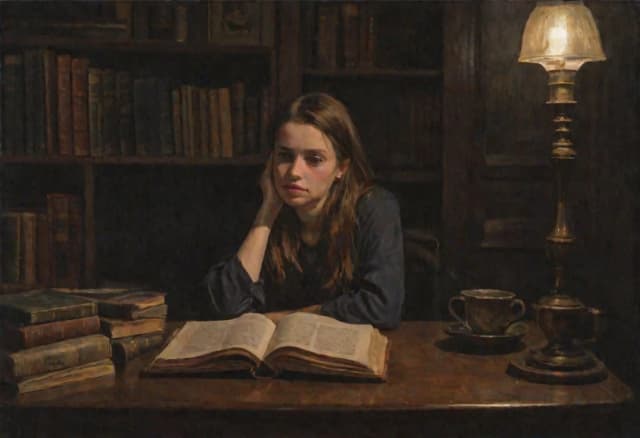 Young woman with shoulder-length brunette hair and fair skin sitting alone in dark cozy study late at night, surrounded by old books, cold tea cup on desk, tired and contemplative expression, soft lamp light casting warm pool on table, deep shadows in corners, atmosphere of exhaustion and inner emptiness, oil painting style, thick visible brushstrokes, heavy impasto technique, textured canvas, emotional depth inspired by 19th century Russian realist painters: Ivan Kramskoi psychological portraits, Isaac Levitan night mood, muted earthy palette: warm amber light, deep blue-grey shadows, dusty brown books, cinematic volumetric lighting, soft focus on face to avoid uncanny valley, shallow depth of field, quiet melancholic mood, no text, no distorted limbs --ar 16:9 --stylize 350