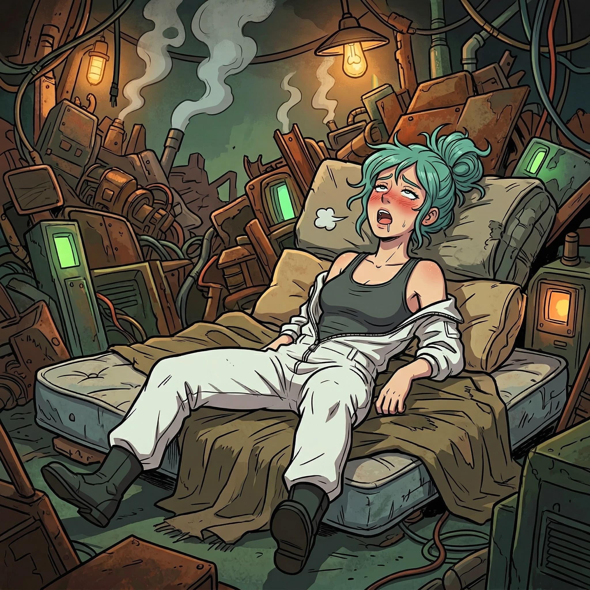(Deponia game style:1.3), 2D, cel-shaded, vector art, flat color, clean lines, Goal from Deponia, messy turquoise bun, white Elysian jumpsuit unzipped and pulled down, lying on back, legs spread and lifted, low angle shot between legs, anonymous partner positioned below, intimate focus, intense physical pleasure, face flushed with ecstasy, eyes rolled back, messy hair, heavy breathing, industrial junk planet, rusty metal, stylized steam, dramatic lighting, high quality illustration.