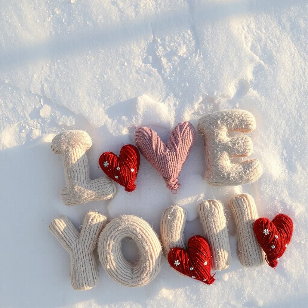 A larger version of the inscription "I LOVE YOU!", two lines of text, voluminous soft letters, like large knitted pillows, thick wool yarn in pastel shades (pink, red, beige), the letter is completely tied, the textured connections are clearly visible, voluminous hearts made of thread are embroidered on the letters, red and pink hearts, a little glitter on the threads, neat round snowflake dots, letters on pure white snow, a top view, a lot of empty snow background around, soft thoughts of daylight, a realistic photo, detailing of high threads, ligaments and snow crystals, a bright, sweet and festive winter mood