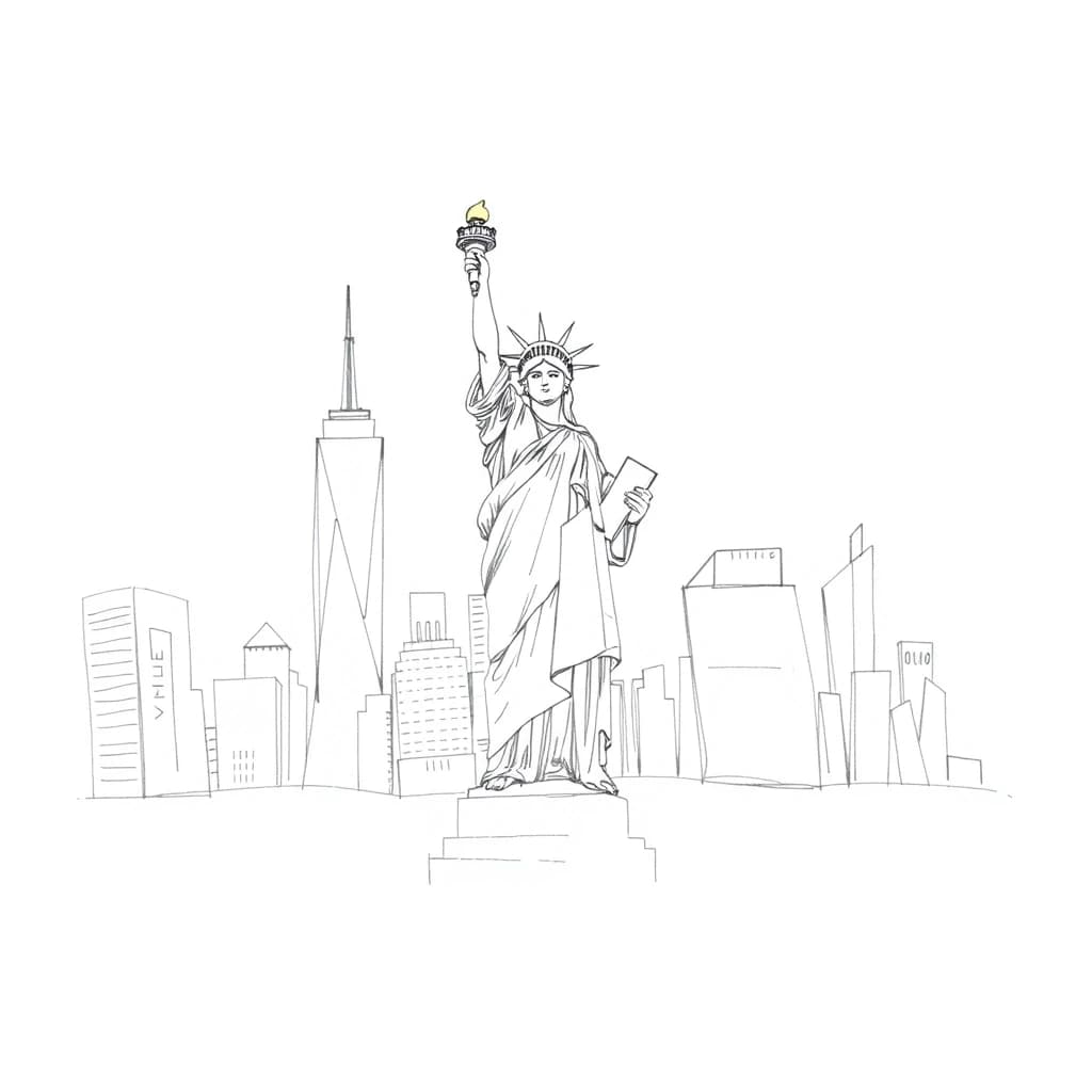Statue of Liberty with New York City in the background: a simple pencil sketch, only lines and contours, white background, like in a children's book, monochrome