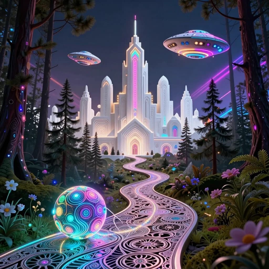 Background: a winding path leading from the forest to a white city. In the middle and far distance, a street in a futuristic ornamental white city with a (thrilling triphobic) neon pattern, spaceships, and flying saucers. Porous surfaces, zentangle, and shimmering. In the foreground, a magical forest with pine trees and flowers. A neon cybernetic ball rolls along the path. A thread from the ball. Shimmering and sparking. Glowing from the inside. Openwork metal carving, like delicate lace. Contrasting edges. Sparkling, shimmering colors. Style: Rococo, Neo-Rococo, Baroque, Mudéjar, light oriental motifs, Art Nouveau. High quality and detailed work. Baroque curves. Fascinating contrasting image. Attracts the eye. Play of light. Depth and volume. Art Deco, Gothic. In the style of Andrew Jones, Julie Dillon, David Gallchatt, Josephine Wall. Glowing patterns, bioluminescent drawing. Aetherial lighting, jewelry with details, mystical atmosphere. High detail, surrealism. Otherworldly effect, sacred geometry, futuristic tribal, rainbow, magical realism.