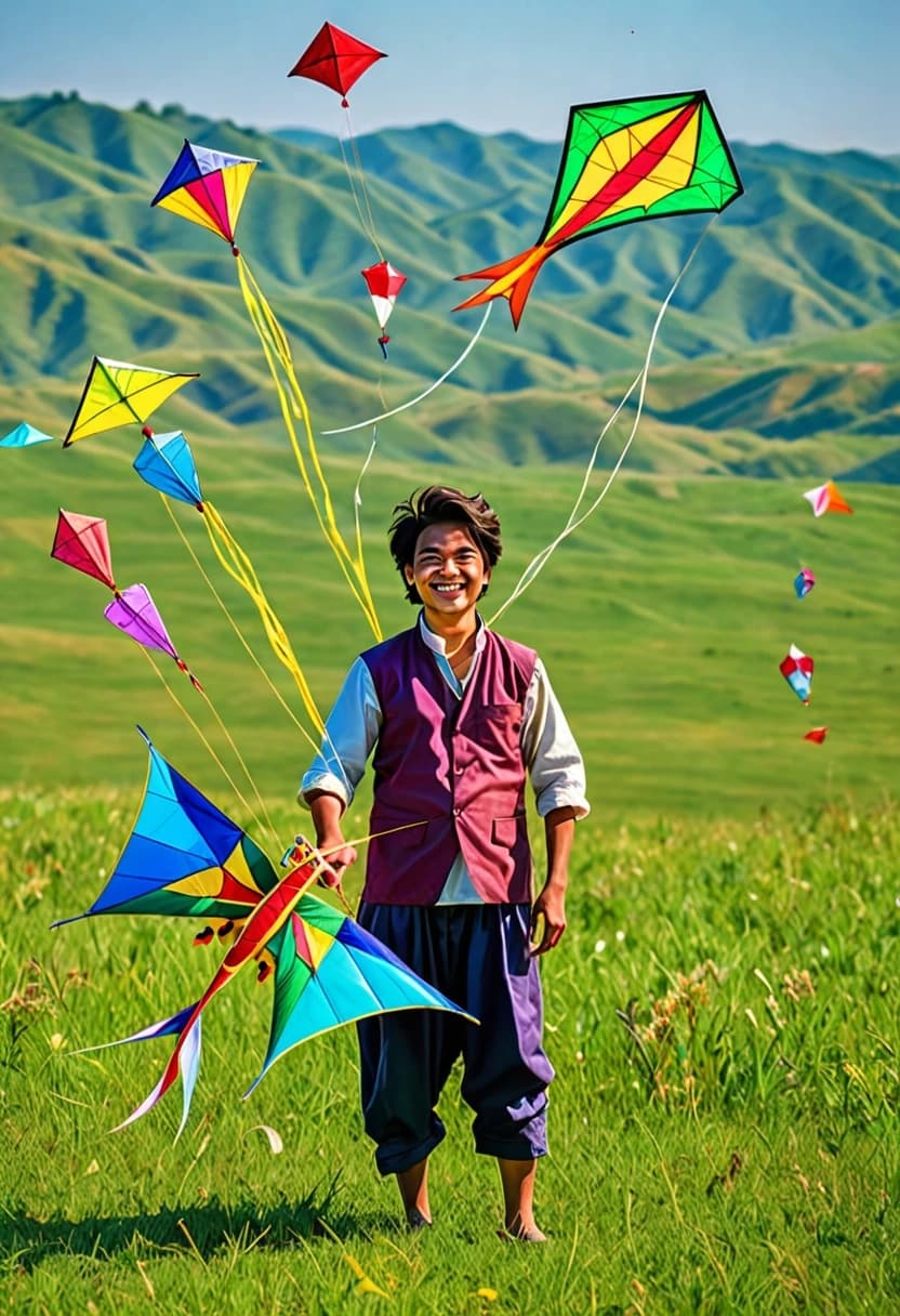 A young master kite maker stands in the middle of a vast green meadow, flying several of his handmade kites at once. High in the sky are a giant colorful bird, a golden dragon, a butterfly and a huge vivid diamond kite. Long flowing tails curve beautifully in the wind. The master holds wooden reels of string and smiles while watching his creations soar. Rolling hills, a small village and a line of old trees stretch across the distance. Bright summer day, strong wind, freedom and pure joy. Epic cinematic photography, dynamic movement, highly detailed, vertical format.