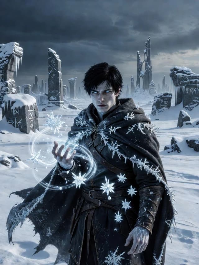 Character portrait of young man, black hair, pale skin, icy blue eyes, wearing dark leather tunic and traveler's cloak, frost crystals forming on his shoulders and hands, one hand raised with swirling ice magic, expression is determined yet haunted, background is a frozen wasteland with ancient ruins, cinematic lighting, cold color palette (blue, white, silver), highly detailed, fantasy art, D&D style, epic mood, 8k resolution, sharp focus, concept art.