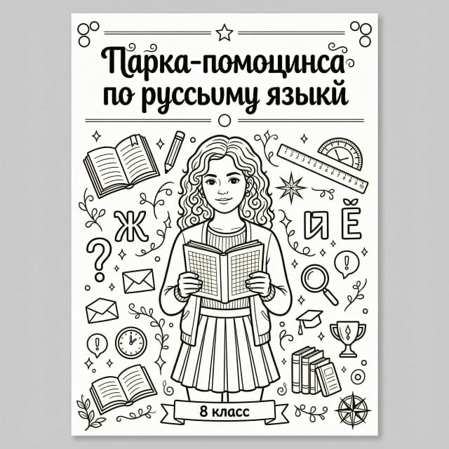 A4 folder cover, black and white line art, coloring page style,
outline only, no shading, no color fill.
Big hand-lettered title at the top: "Папка-помощница по русскому языку"
in neat rounded letters with light decorative curls.
Below in the center: a teenage girl with curly hair just below shoulder
length, wearing a simple modern outfit, holding a school notebook with
both hands, calm and confident expression.
Around the girl: doodle school icons — book, pencil, ruler, letters
"Ж", "Ъ", "Ё", question mark, asterisk, thin swirls and geometric lines.
Style: teen coloring book for 8th grade, crisp black lines, white
background, balanced symmetrical composition, A4 portrait orientation,
high detail, print quality. Not childish, elegant and modern.