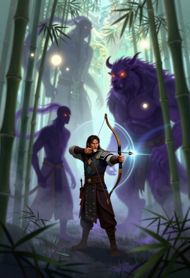 Surreal wuxia-style illustration. An Orcish Hunter is caught in a moment of realization: he’s not the hunter anymore — he’s the prey. The scene is a circular clearing in a bamboo forest, surrounded by tall, slender stalks that seem to sway in a wind that isn’t there. The hunter stands in the center, his bow drawn, but his arrow is frozen mid-air, surrounded by glowing, translucent energy rings.
Around him, the beastmen emerge not from the forest, but from the shadows themselves — their forms are fluid, shifting between human and animal, their eyes glowing with an inner fire. One beastman stands directly opposite the hunter, its posture calm but threatening; it’s not attacking — it’s waiting, challenging the hunter to make the first move.
The hunter’s expression is a mix of shock, anger, and resignation — he understands the trap he’s walked into. His armor is adorned with ancient symbols and talismans, but they offer no protection against this kind of magic.
The composition is symmetrical and balanced, with the hunter and the lead beastman forming a visual axis; the bamboo stalks create a natural frame, drawing the eye to the center. The background is a swirling mix of mist and ethereal light, with hints of otherworldly landscapes visible through the gaps in the bamboo.
Lighting is ethereal and otherworldly: soft, glowing orbs of light float in the air, casting a pale, unnatural glow on the characters; the shadows are deep and rich, with subtle gradients of purple and blue. The colors are vibrant but not garish — they have a painterly quality, with soft edges and delicate transitions.
Technical: 8K resolution, focus on the interplay between light and shadow, use of glowing effects and translucency; painterly textures with digital precision; atmospheric perspective; mood of fate, realization, and the thin line between hunter and prey.