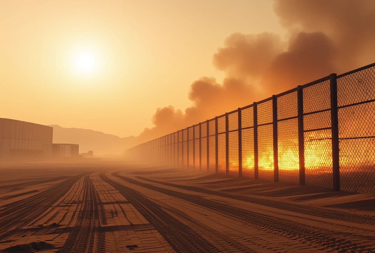 A vast, empty desert plain stretching into the distance under a hazy, dusty sky. In the background, a tall metal grid fence glows against a bright fiery light source behind it, as if lava is flowing just beyond the fence, casting a dramatic orange glow over the horizon. On the left edge of the image, almost lost in the darkness and dust, the vague silhouette of a huge industrial warehouse is barely visible. The scene feels hot, desolate, and slightly menacing. Photorealistic, dramatic lighting, wide cinematic angle.