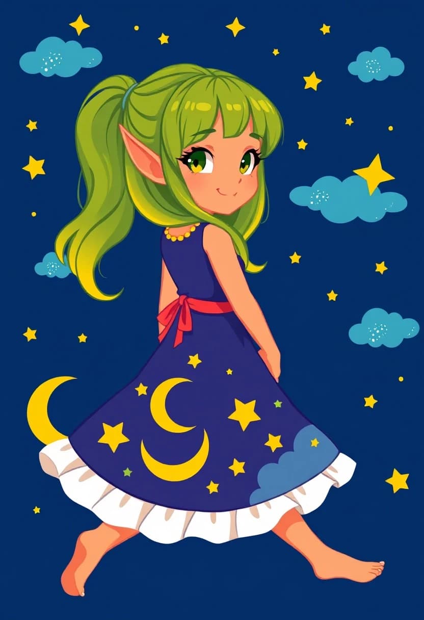 A green-haired elf girl with golden-green gradient long hair and bangs, pointed ears, orange skin, large expressive eyes, smiling while glancing back over her shoulder, left hand extended forward, right hand tucked behind; wearing a deep blue starry-themed dress with white ruffled hem, featuring a golden crescent moon, stars, and clouds printed on the bodice and skirt; background is solid deep blue night sky with scattered yellow and light-blue stars and layered blue clouds, some semi-transparent with tiny star specks visible inside; flat cartoon illustration style with clean outlines and high saturation, no realistic shadows—lighting is uniform and graphic; centered composition in tight medium-full shot, subject fills frame vertically with head slightly above center, feet near bottom edge; square 1:1 aspect ratio, vibrant flat-color rendering, decorative emphasis on costume motifs and dreamy atmosphere; intended for social media visual impact with strong character appeal and fantasy aesthetic.