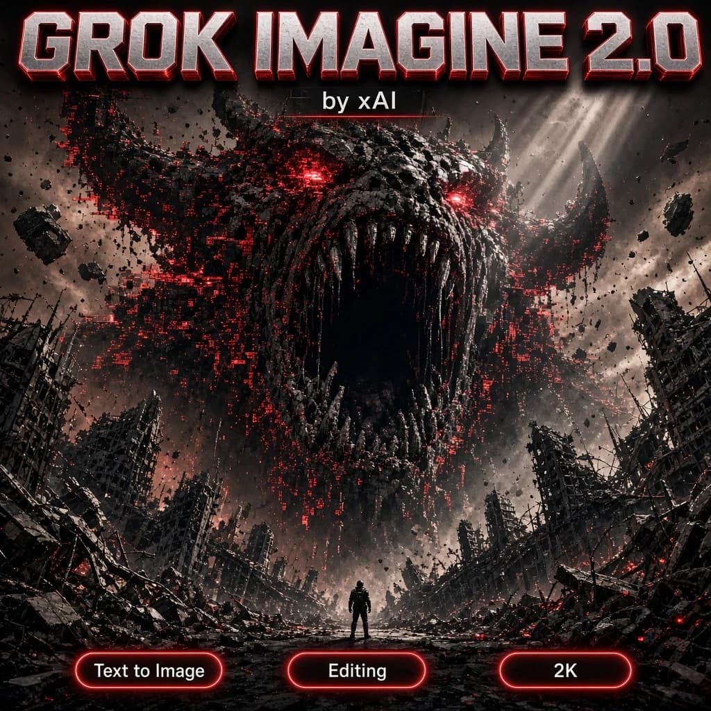 An intense, panoramic digital illustration in a gritty cyberpunk style, depicting a colossal Taotie, the ancient beast of gluttony, devouring a ruined metropolis. The gargantuan beast is formed of dark matter, floating concrete debris and glowing red glitch static, its giant terrifying jaw opening to reveal a void of absolute blackness. At the bottom of the composition a tiny human soldier stands in a ruined street, looking up in terror from an extreme low-angle perspective. Volumetric god rays cut through the dust, red and ash palette, epic scale. Over this artwork, as a clean square cover layout that fills the frame edge-to-edge with no border and no mockup: bold glowing modern 3D typography reading "GROK IMAGINE 2.0" across the top, crisp and perfectly legible, EXACTLY ONE line, appears only once, with a small clean tag "by xAI" directly beneath it, and along the bottom edge one row of three small rounded glowing badges labelled "Text to Image", "Editing", "2K". Nothing else is written anywhere in the image.