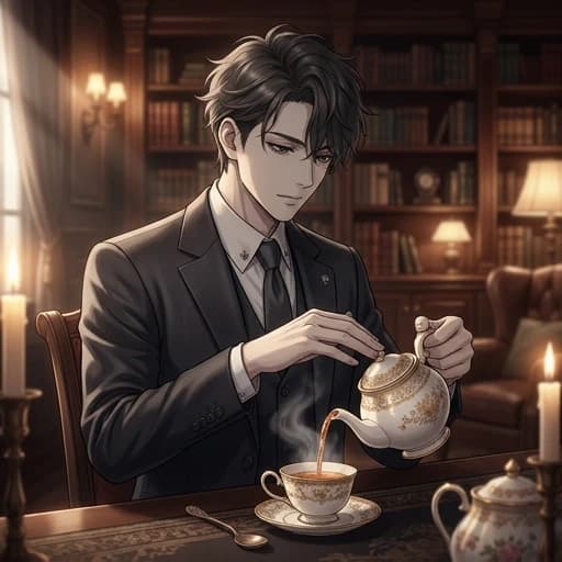 Anime style high-quality illustration, a young man with pale ash-colored skin and a refined aesthetic, wearing a sophisticated tailored dark charcoal suit with subtle silk textures. He is captured in a graceful, poised motion, pouring steaming amber tea from an elegant porcelain teapot into a delicate matching teacup. Intricate details of the tea set with fine gold filigree patterns. The scene is set in a dimly lit, luxurious classical lounge with soft bokeh background of mahogany bookshelves and warm candlelight. Cinematic lighting with dramatic chiaroscuro effect, highlighting the steam rising from the cup and the sharp contours of his face. Moody, calm, and aristocratic atmosphere. Masterpiece, cel-shaded with soft digital painting gradients, sharp lines, highly detailed eyes, Makoto Shinkai inspired lighting aesthetics.