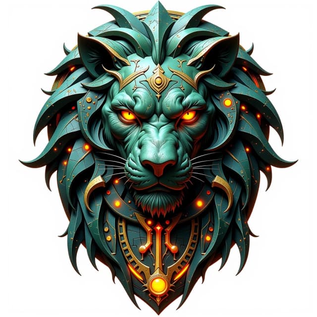 Mystical archaeo‑futurist logo for “Лев Маратович”: lion head as a carved stone bas‑relief covered with glowing glyphs and runes. Subtle holographic outline around the lion. Text in a stylized geometric font resembling alien inscriptions, slightly aged. Colors: dark emerald, bronze, deep grey, warm amber glow. Stone texture with patina and inner glow. Mysterious, ancient yet high‑tech vibe, clean white background, highly legible.