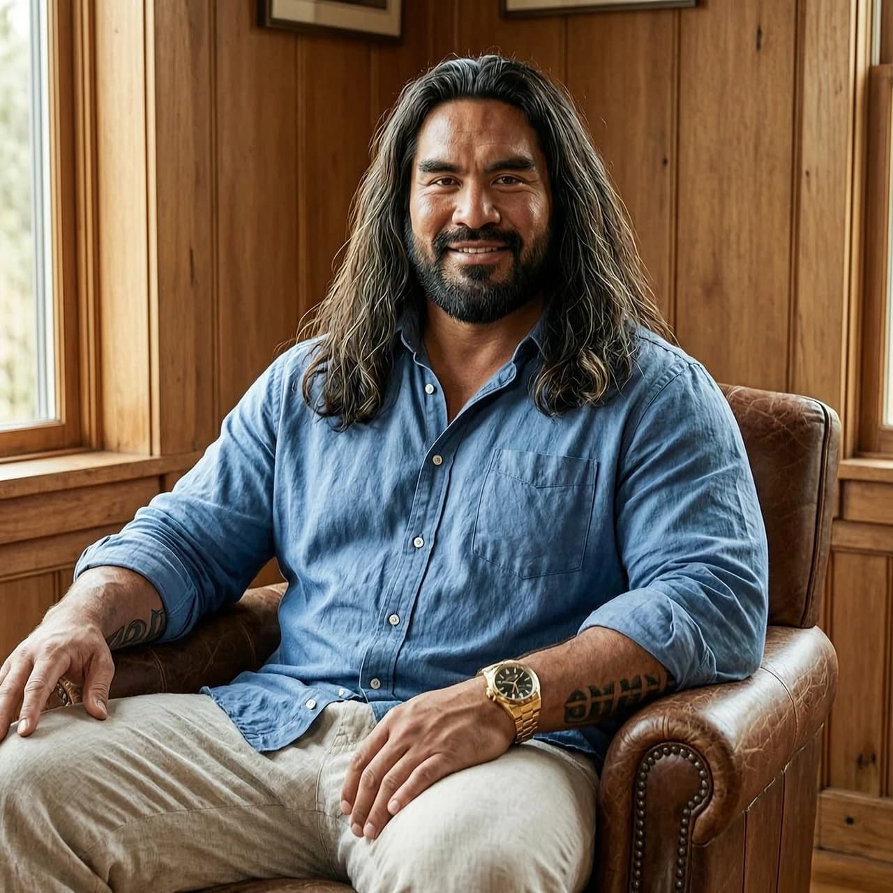 очень красивый, крупный мужчина маори 30 года. объемная мужская стрижка Long Hair. одет в свободную на выпуск хлопковую с закатанными руковами рубашку и простые льняные брюки. на руке дорогие часы. сидит в кожанном кресле