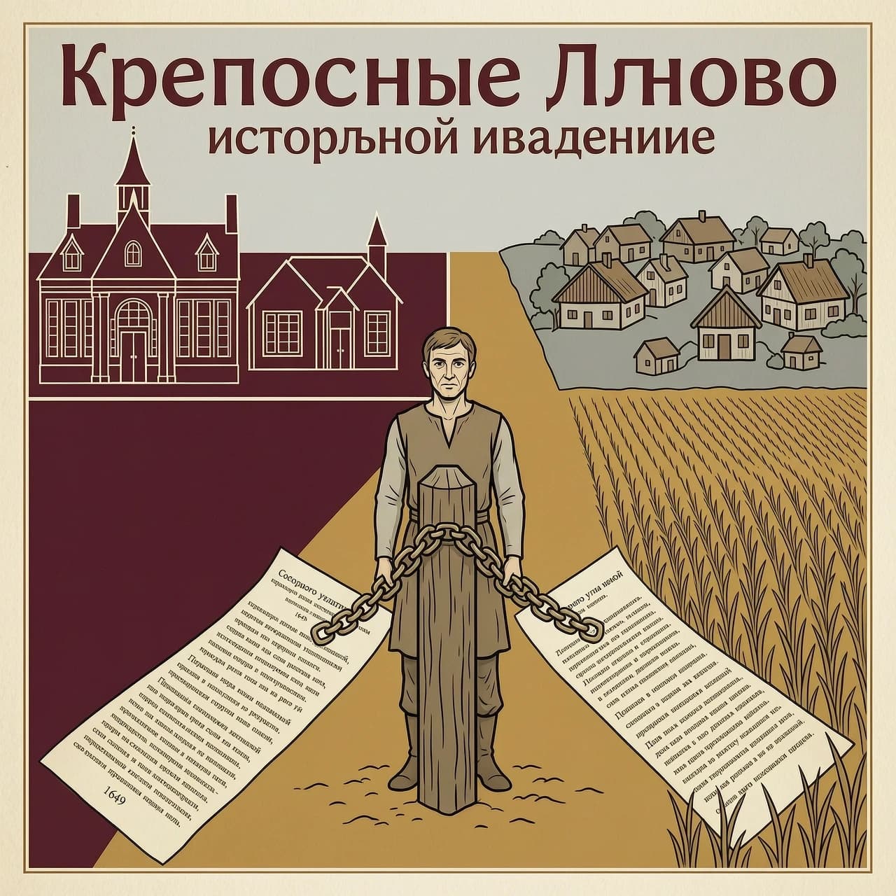 Создай символическую иллюстрацию, объясняющую крепостное право как историческое явление. В центре — фигура крестьянина, стоящего у межевого столба; от столба в одну сторону тянется цепь к усадьбе, а в другую — к полю и деревне. Цепь стилизована под строки юридических документов (фрагменты текста Соборного уложения 1649 года). На фоне — горизонт с разделением: слева — строгие линии дворянской усадьбы, справа — органичная застройка деревни. Стиль — полуреализм с элементами графики; цветовая гамма: тёмно-бордовый (власть и закон), охра (земля и труд), серый (ограничения). Акцент на контрасте форм и текстур. Соотношение сторон 4:3 (удобно для слайда).