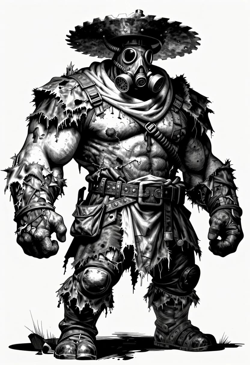 A hulking, massively muscular giant of a man, a post-apocalyptic trader with an enormous, heavily built physique, broad shoulders like a bull, his entire body completely encased in multiple chaotic layers of tattered rags, frayed fabric, shredded cloaks, tangled scarves, scavenged patchwork garments, and overlapping leather strips — absolutely no skin visible anywhere on his body, from neck to feet, every inch covered in worn, torn textiles, his face hidden behind a sinister respirator gas mask with multiple corrugated tubes, but instead of a hat, a gigantic, heavy metal disc rests flat on his head like a wide brim, looking like a salvaged industrial saw blade or shield, black and white ink illustration, highly detailed cross-hatching and stippling, gritty texture, extreme high contrast, cinematic dramatic lighting with deep shadows, imposing silhouette, raw post-apocalyptic vibe, sharp focus, masterpiece