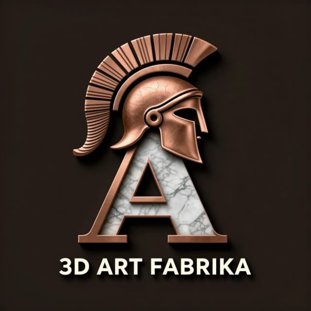 Logo design. The letter "A" is constructed from layered 3D slices. Above the text, the silhouette of an ancient Greek Corinthian helmet (no face visible, only the helmet contour) is created using horizontal stacked 3D printing layers, resembling a sliced topography map. The helmet has a classic crest on top. Layers are thick and textured. Typography "3D ART FABRIKA" below. Style: tech-art, minimal, bronze and marble colors, dark background. --ar 3:2 --v 6.0