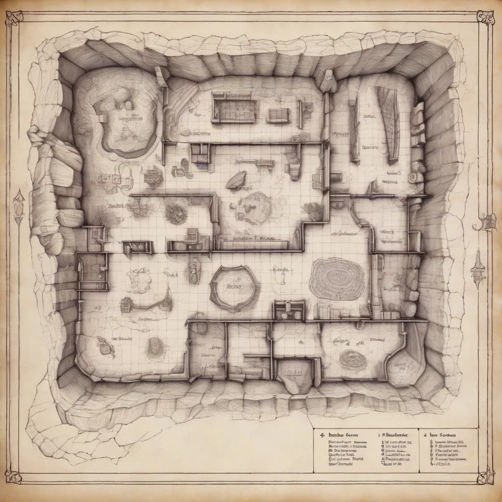 Dungeons and Dragons House map, hand drawn map, scanned from book, black grid paper, fantasy map, module map for dungeon master, mega cave map, cave interior map, map of cave, room numbers