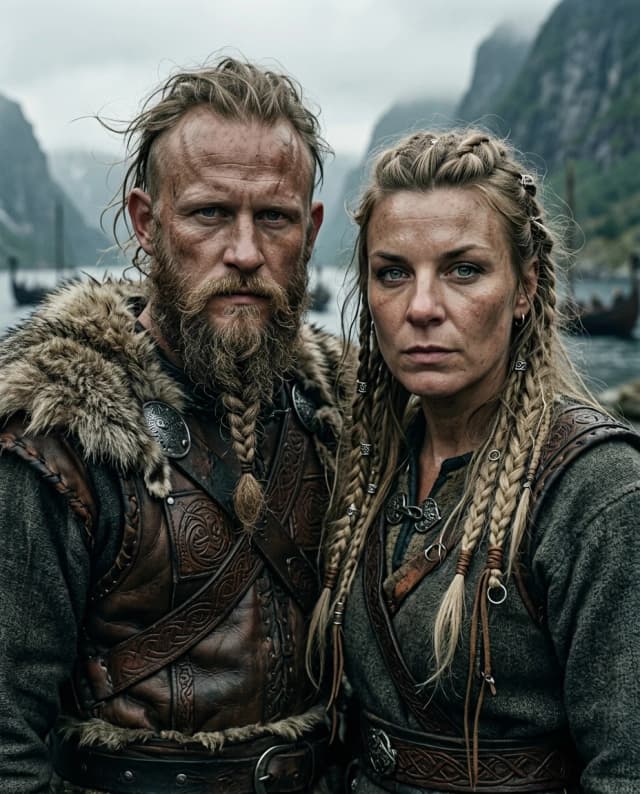 Cinematic hyper-realistic film still of a Viking warrior man and woman, maintaining their exact facial features and skin tones from the references. The man features a rugged, intricately braided long beard and messy, wind-swept Viking hair. The woman has long, textured braids adorned with small silver rings and leather cords. They are dressed in authentic, highly detailed Norse battle gear: layered furs, weathered leather armor with embossed patterns, and heavy wool textures. The composition is a medium shot, capturing their powerful physiques with perfect anatomical proportions and realistic body scales. Lighting is dramatic and moody, reminiscent of a historical epic, with natural overcast daylight casting soft shadows and highlighting the grit, sweat, and texture of their skin. The background is a blurred, atmospheric Scandinavian landscape with misty fjords and rugged cliffs. Shot on 35mm lens, f/2.8, incredibly detailed textures, cinematic color grading, 8k resolution, photorealistic masterpiece, no digital artifacts, natural skin pores and imperfections.