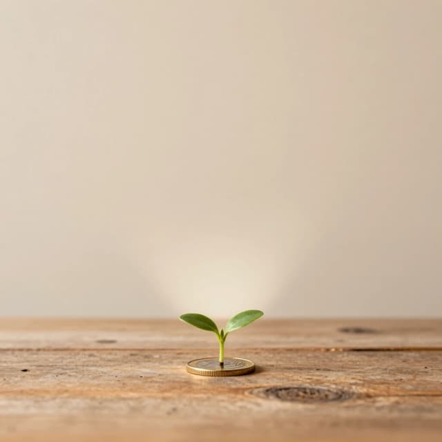 Minimalist conceptual photography of a single gold coin lying on a rough, plain wooden table. From the center of the coin, a tiny green sprout is growing, reaching towards a soft ray of light. The background is a vast, empty beige wall. This symbolizes that true wealth is not in gold, but in life and growth. The upper half of the image is a large empty space, perfect for event text. Philosophical, hopeful, minimal, warm tones, 4:5 aspect ratio.