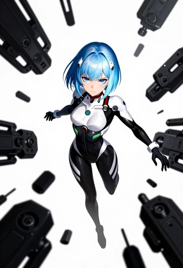 (lacia beatless:1.3), beatless, 1girl, solo, android, (ice blue hair, light silver-blue hair:1.2), blunt bangs, (dark blue eyes, indigo eyes:1.2), expressionless, wearing futuristic white and black hIE bodysuit, surrounded by floating huge black mechanical weapon parts Black Monolith, dynamic action pose, masterpiece, high quality anime, digital art, illustration by redjuice, smartphone wallpaper