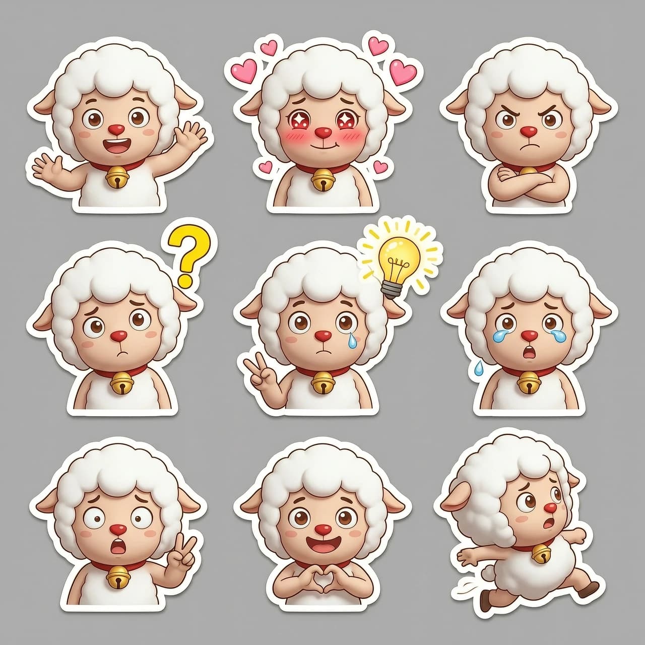 Sticker pack sheet of a cute sheep character, 3D cartoon style, high-quality render, C4D, Octane Render. The character has a red nose and bell. The set includes multiple individual stickers with a consistent character design, each featuring a thin white die-cut border, isolated on a plain neutral grey background.
The sticker set includes the following diverse expressions and poses, where facial emotions perfectly match the gestures:
1. to wave one's hand.
3. Love-struck with blushing cheeks, sparkling eyes, and floating pink hearts around her.
4. Angry with furrowed brows, a pout, and crossed arms.
5. Confused with a tilted head and a bright yellow question mark above his head.
6. Inspired with a "Eureka!" moment, eyes wide, and a glowing yellow lightbulb floating nearby.
7. Sadness with teary eyes and a small teardrop falling.
8. Extreme surprise with wide eyes and an open mouth.
9. Peace sign with a cheerful smile and a "V" gesture with her fingers.
10. Making a heart shape with her hands, looking sweet and affectionate.
11. Running away in panic, looking back with a worried
