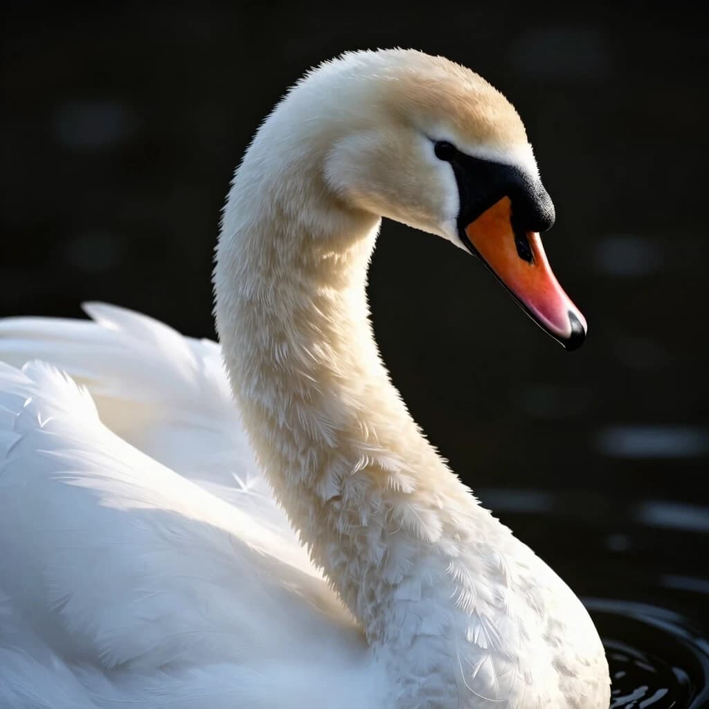An extreme close-up macro portrait of a breathtakingly beautiful white swan, focusing on its elegant long curved neck and head. Majestic luxury look. Incredibly soft fluffy delicate down feathers with tactile texture, pristine pure white color. Solid seamless deep pitch-black background. Cinematic global illumination, soft volumetric lighting from the side creating a gentle glow on the downy feathers, masterpiece, 8k resolution, octane render.