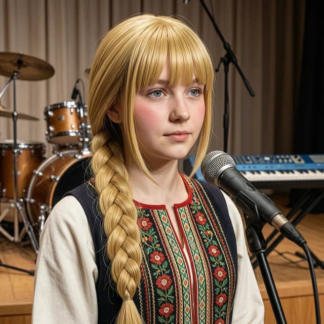 Портрет 17-летней русской красавицы Алёнки в стиле гиперреализма с элементами классической живописи маслом. У неё длинная, одна толстая коса соломенного цвета, перекинутая через плечо, и аккуратная прямая чёлка, обрамляющая лицо, по бокам на щёки спадают тонкие короткие прядки волос в стиле анимэ. Кожа нежная, с легким румянцем, глаза светлые и выразительные. Она одета в традиционный славянский сарафан с тонкой вышивкой. Композиция — крупный план (close-up), направленный на лицо и текстуру косы. Она стоит на сцене перед микрофоном, сзади барабанная установка и синтезатор. Высокая детализация текстуры волос, ткани и кожи, 8k, кинематографический эффект.