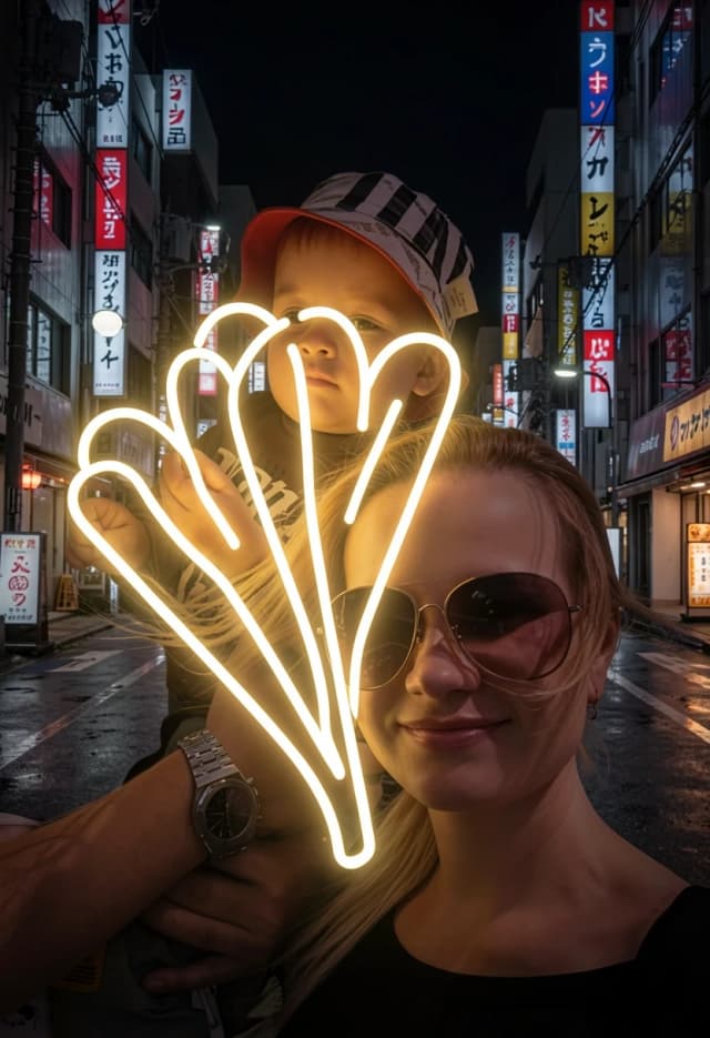 A high-quality studio photo print of the girl. The entire body, face, clothes, and posture of the girl must be fully visible and remain 100% untouched, exactly like the source image. Do not erase, do not crop, and do not remove the person. Over the photo print, add a very simple minimalist neon sign. Only 3 or 4 thick, smooth, bold glowing LED neon tubes that follow only the main outer contour of the flower bouquet. Huge distance and wide space between the neon lines. No small glowing details. The background behind the girl is changed to a dark night Tokyo street, but the girl herself is perfectly safe, clear, and visible.