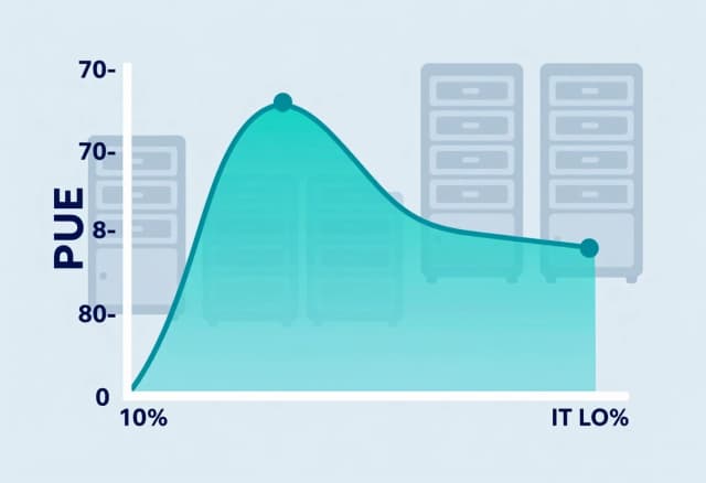 Clean isometric vector infographic showing a line graph. X-axis represents IT load percentage (0-100%), Y-axis represents PUE value. The curve starts high at low load, dips to an optimal zone around 70-80% load, then slightly rises. Background shows faint silhouettes of server racks at different heights. Flat design, blue-teal-cyan color palette, gray‑blue background, minimal professional tech style, smooth gradient curve, no text, no grid clutter.