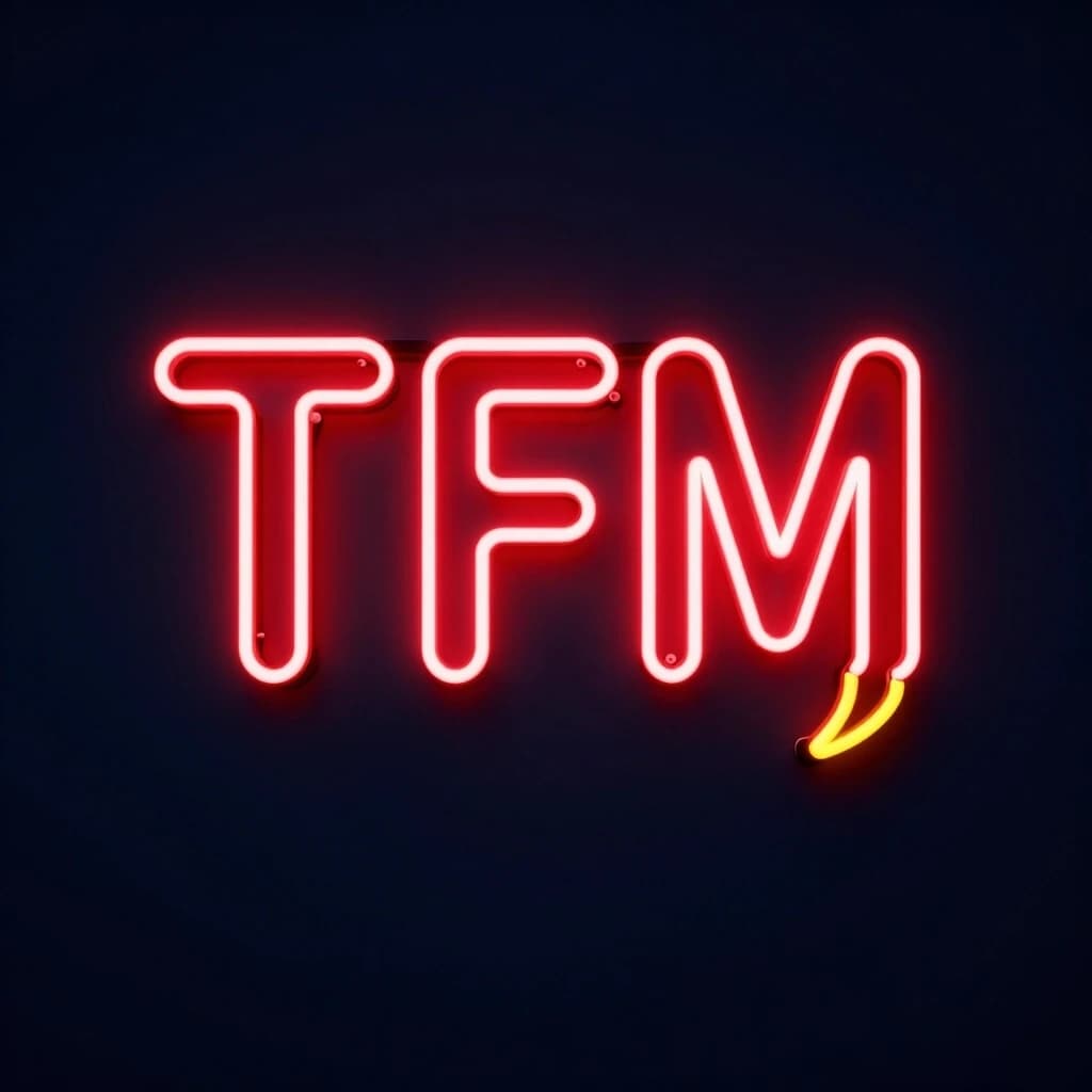 Крупные три заглавные буквы TFM и chat желтыми небольшими, выполненные в стиле яркой красной неоновой вывески. Буквы плотно сгруппированы по центру, имеют легкое белое свечение по контуру и ярко-красную подсветку на темно-синем (почти черном) матовом фоне. Стиль — киберпанк и хай-тек, минимализм. Текстура стекла или легкий туман вокруг букв для эффекта глубины. Композиция строго по центру. Квадратный формат 1:1. Без лиц, без лишних деталей по краям, только буквы