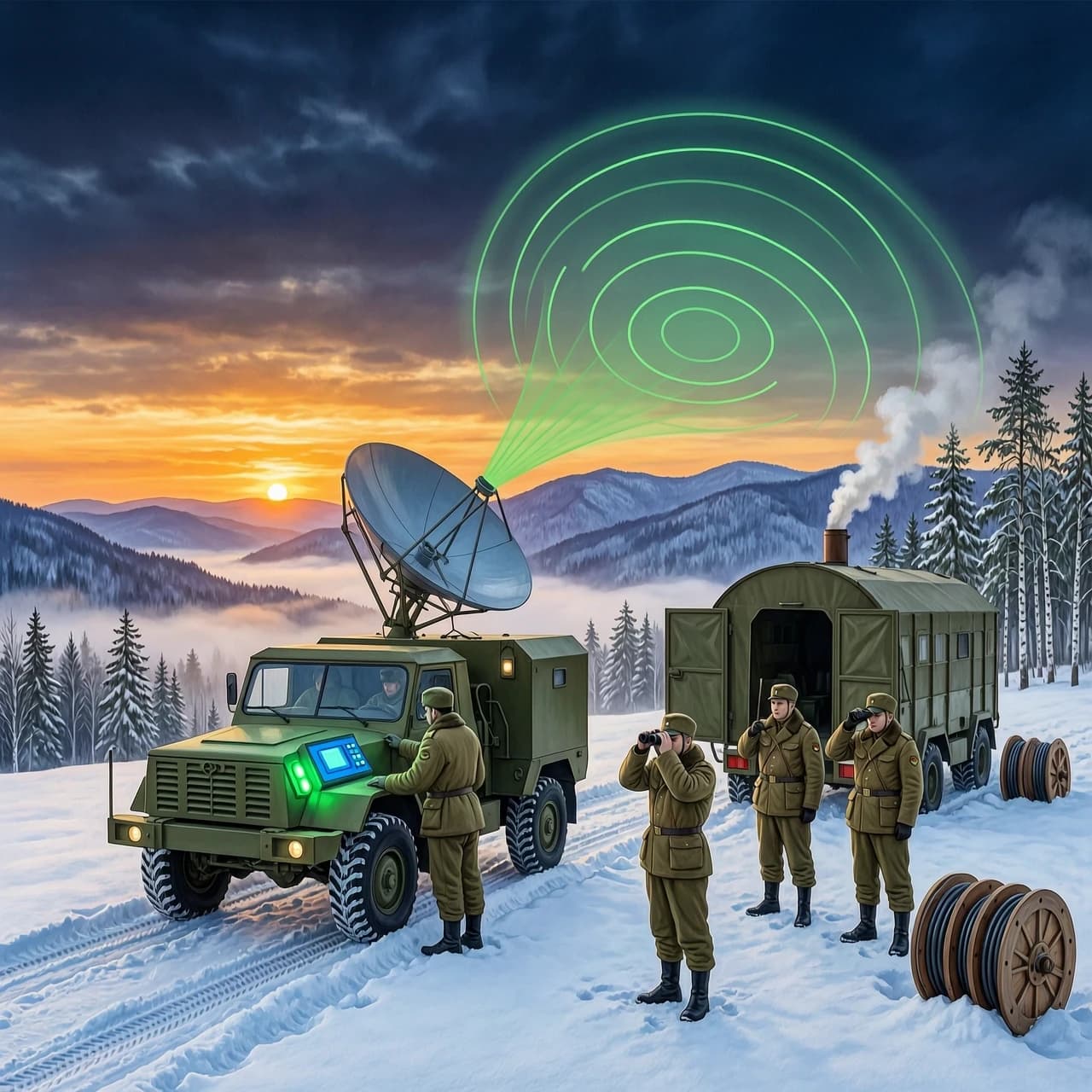 Realistic military painting: Soviet/Russian radar station "Ural"
deployed on snow-covered Ural mountains at sunrise.
Mobile radar vehicle Ural-4320 with rotating parabolic antenna,
KUNG shelter with open hatches, steam from chimney.
4 soldiers in winter field uniform: operator at glowing green console,
driver checking engine, commander with binoculars, radio operator.
Orange-gold sunrise behind snowy peaks, blue-purple mountain haze,
low fog in valleys, snow, spruce and birch trees, cable reels,
tire tracks. Subtle green radar waves arcing into sky.
Cinematic lighting, dramatic atmosphere,
hyperrealistic, 8K, military concept art,
style of wartime photography, cold morning tones.
--ar 16:9 --style raw
```
---
🎨 Цветовая палитра
Элемент Цвет HEX
Небо (верх) Тёмно-синий #0A1A2F
Небо (рассвет) Золотой #F4A460
Солнце Оранжевый #FF6B35
Горы Сине-фиолетовый #4A5568
Снег (тень) Голубой #A0C4E2
Снег (свет) Белый #F0F8FF
Техника Олива #4B5320
Антенна Сталь #8FA8BF
Свечение РЛС Изумруд #2ECC71
Свечение пульта Голубой #00D4FF