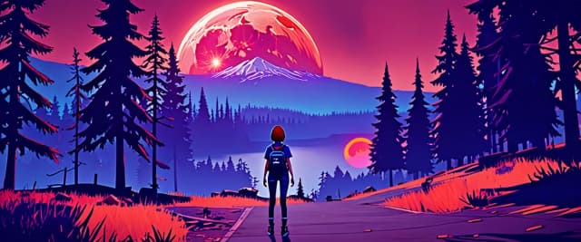 A natural landscape, art from *Life Is Strange*, Chloe Price, retro rave style, neon color, indigo, chrome, blood‑moon colors Nuclear flame of amber color
