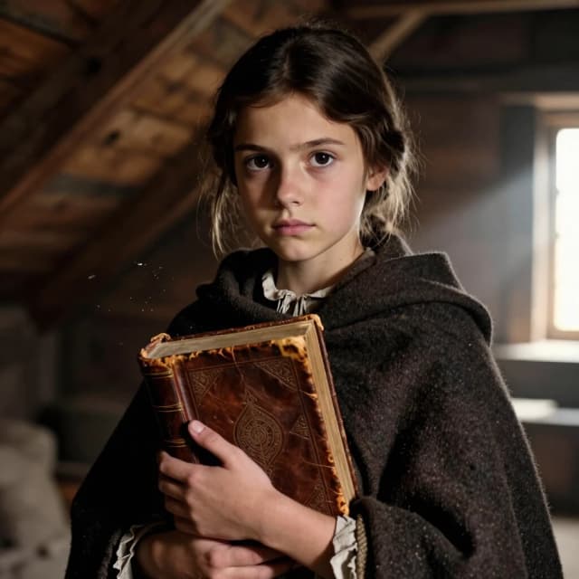 Кинематографичный кадр из исторического фильма, крупный план. Юная восточноевропейская девушка с красивыми темно-каштановыми волосами и глубокими, темными, завороженными глазами смотрит прямо на зрителя, в камеру. В её взгляде читается таинственность и твердая решимость. Она стоит внутри старого деревянного чердака, где видны мягкие лучи теплого дневного солнца и парящие в воздухе пылинки. Девушка бережно и крепко удерживает в руках массивную старинную книгу в потертом кожаном переплете с загадочными выдавленными знаками. Старинная книга частично скрыта под её широкой темной шерстяной шалью, наброшенной на плечи. Живописное контрастное освещение, глубокие тени, загадочная и мистическая атмосфера, высокая детализация текстуры старой кожи, бумаги и ткани, разрешение 8k.