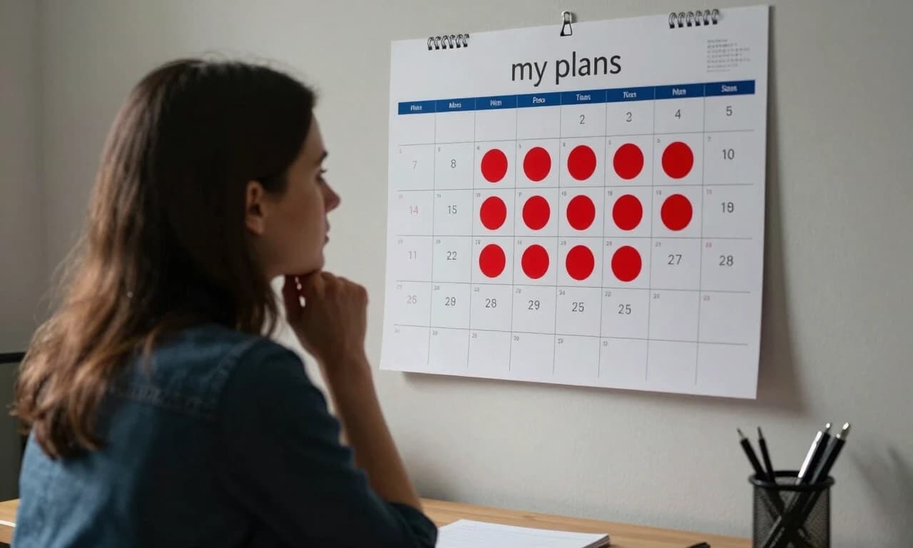 Calendar on a wall with red circles marking "my plans" only, no second person in the schedule, European woman sitting at a desk with a pen, looking thoughtfully at the calendar, soft afternoon light, realistic interior, melancholic mood, 8k, --ar 16:9 --style raw