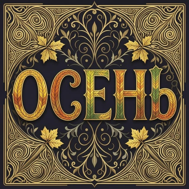 Digital image with double exposure and overlay of layers and textures. Vector graphics. The word "OCEHb" is made of gold, crimson and green skeletonized textured autumn leaves in various shades of yellow, orange, green and red. An unusual font made of autumn leaves. A very detailed and impressive font. Font and background contrast, fading, gradient. Background: a lot of dark with light ornaments. Delicate elements of the floral pattern. Gothic, decorative style, Art Nouveau. Abstract vector fractal pattern, Zentangle, Gothic, dark art. In the style of Alphonse Mucha, Gustav Klimt, Aubrey Beardsley and Roman Tirtov. High level of detail.