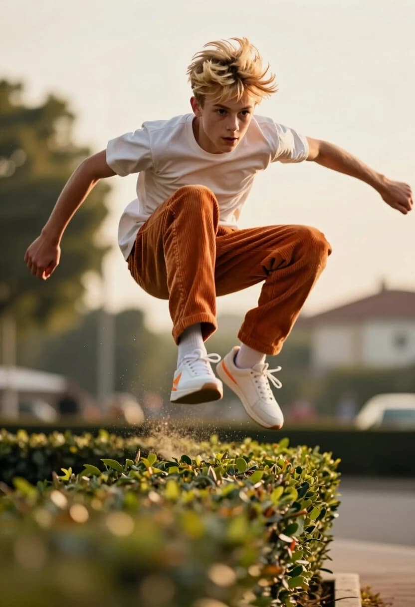 Кроссовок парня крупным планом, он прыгает прямо на нас.
Photorealistic cinematic shot, 8K, ultra-detailed. A young male teenager with tousled blond hair is captured in the exact peak of a dynamic jump over a low green hedge. His pose is powerful and focused: one leg thrust forward, the other trailing behind; arms extended for balance, fingers slightly curled; torso tilted slightly forward to emphasize momentum. His face is intense and concentrated, gaze fixed straight ahead. He’s wearing a plain white t-shirt, loose mustard-orange corduroy pants, and white sneakers with subtle orange accents.
The background is artistically blurred with strong motion bokeh to convey speed and energy—soft outlines of trees and distant houses fade into a warm, hazy atmosphere. The foreground hedge is in sharp focus, with individual leaves and tiny particles of dust suspended in the air around the jump, highlighting the impact of the movement.
Lighting is soft and golden, reminiscent of late afternoon sun, casting gentle shadows and warm highlights on the skin and fabric. The composition is slightly low-angle to make the jump look more dramatic and heroic.
Style: high-end editorial photography with a cinematic feel, perfect for a lifestyle or sports magazine cover. Camera: 85mm lens, f/1.8, fast shutter speed to freeze the action while keeping the background fluidly blurred. Atmosphere: energetic, youthful, full of motion and anticipation.