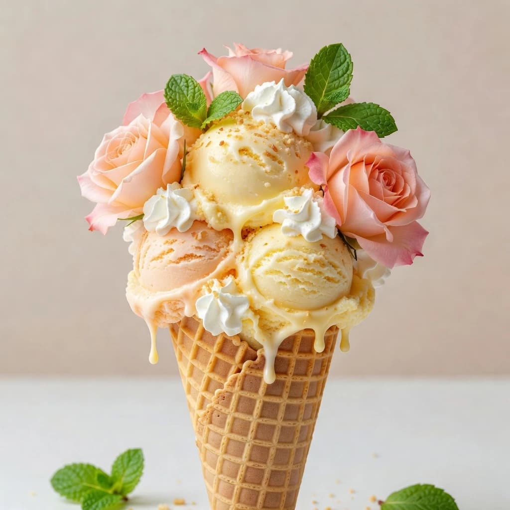 Aesthetic food photo of an ice cream cone in close-up. Instead of the usual balls, the waffle cone contains perfect, smooth balls of creamy pale yellow and peach ice cream. The ice cream is richly decorated with several large blooming peach-pink roses and fresh bright green mint leaves. The surface of the molds is sprinkled with golden crumbs and decorated with delicate curls of white whipped cream. Small droplets of melted ice cream run down the waffle cone. Minimalistic light beige background, soft diffused daylight. A few mint leaves scattered on the floor in the foreground. Exquisite culinary style, soft pastel color palette, 8k resolution, hyper-realistic texture, cinematic lighting, macro photography, elegant dessert composition.
