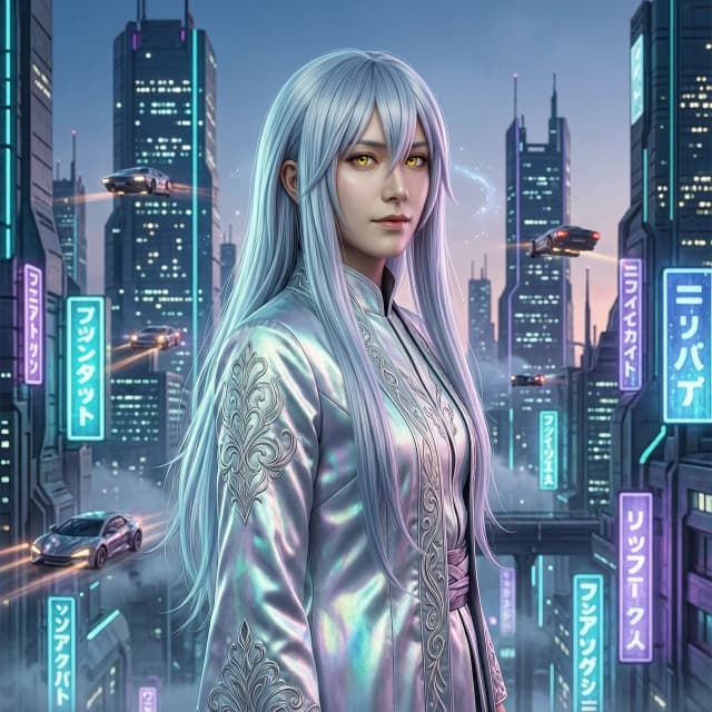 Hyper-realistic cinematic portrait of Rimuru Tempest from "That Time I Got Reincarnated as a Slime" reimagined as a real human, ethereal and strikingly beautiful young person with long, flowing, luminous silver-blue hair and captivating golden eyes. The character has a calm yet commanding presence, wearing high-fashion fantasy-inspired clothing with iridescent silk and intricate silver embroidery. The setting is a sprawling, futuristic cyberpunk metropolis at twilight, with towering skyscrapers, glowing neon signs in teal and violet, and flying vehicles creating streaks of light. Composition: medium shot, rule of thirds, with the character slightly off-center to capture the depth of the urban landscape. Lighting: dramatic cinematic lighting, soft rim light highlighting the hair texture, bokeh effect from the city lights in the background, and a subtle magical aura. Art style: photorealistic digital art, 8k resolution, highly detailed skin texture, masterpiece, volumetric fog, intricate urban details, moody and epic atmosphere, shot on 35mm lens.