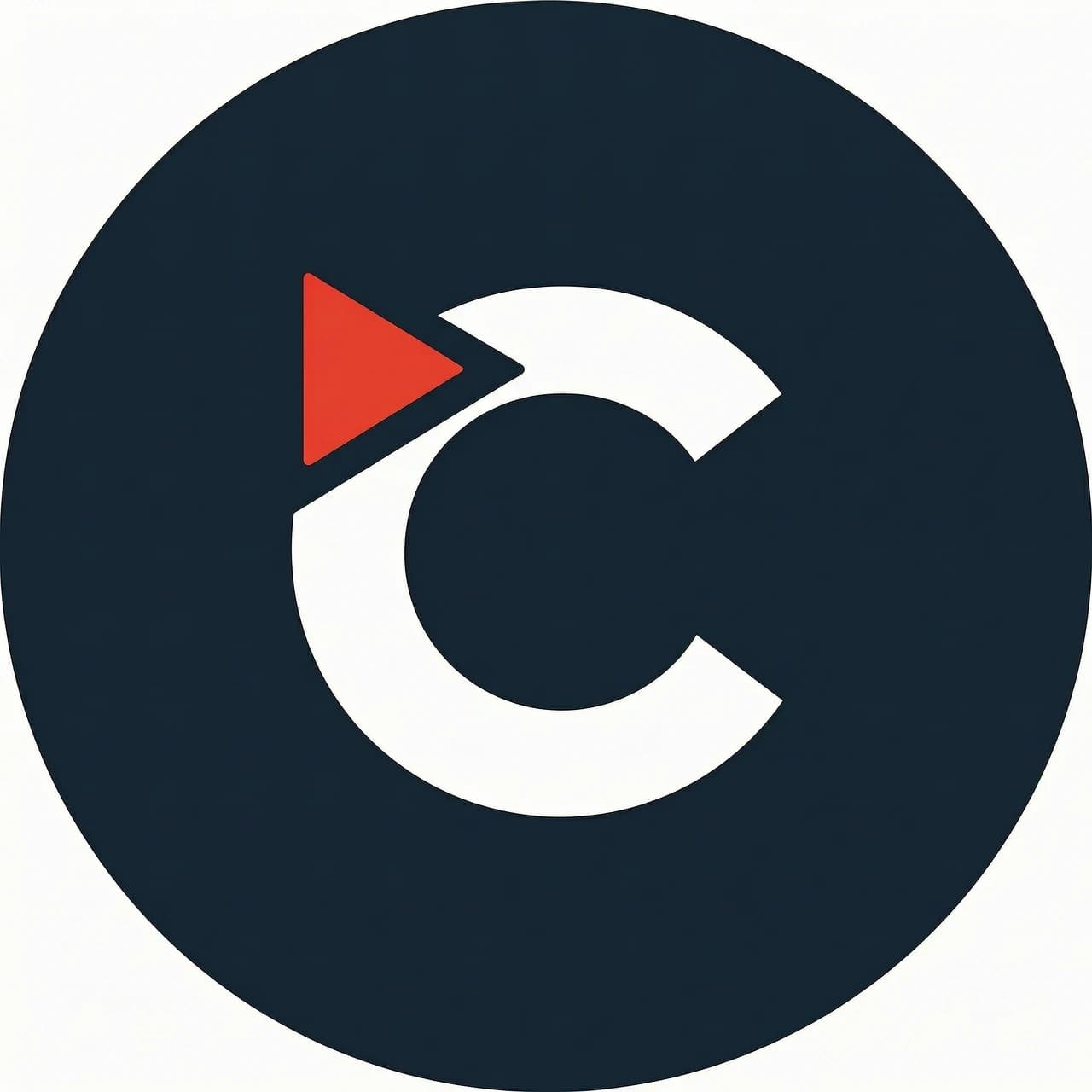 Create a minimalist circular logo for “ClipVault”.
Dark navy background, white letter C, small red play-button accent,
high contrast, no small text, clean modern media brand style.