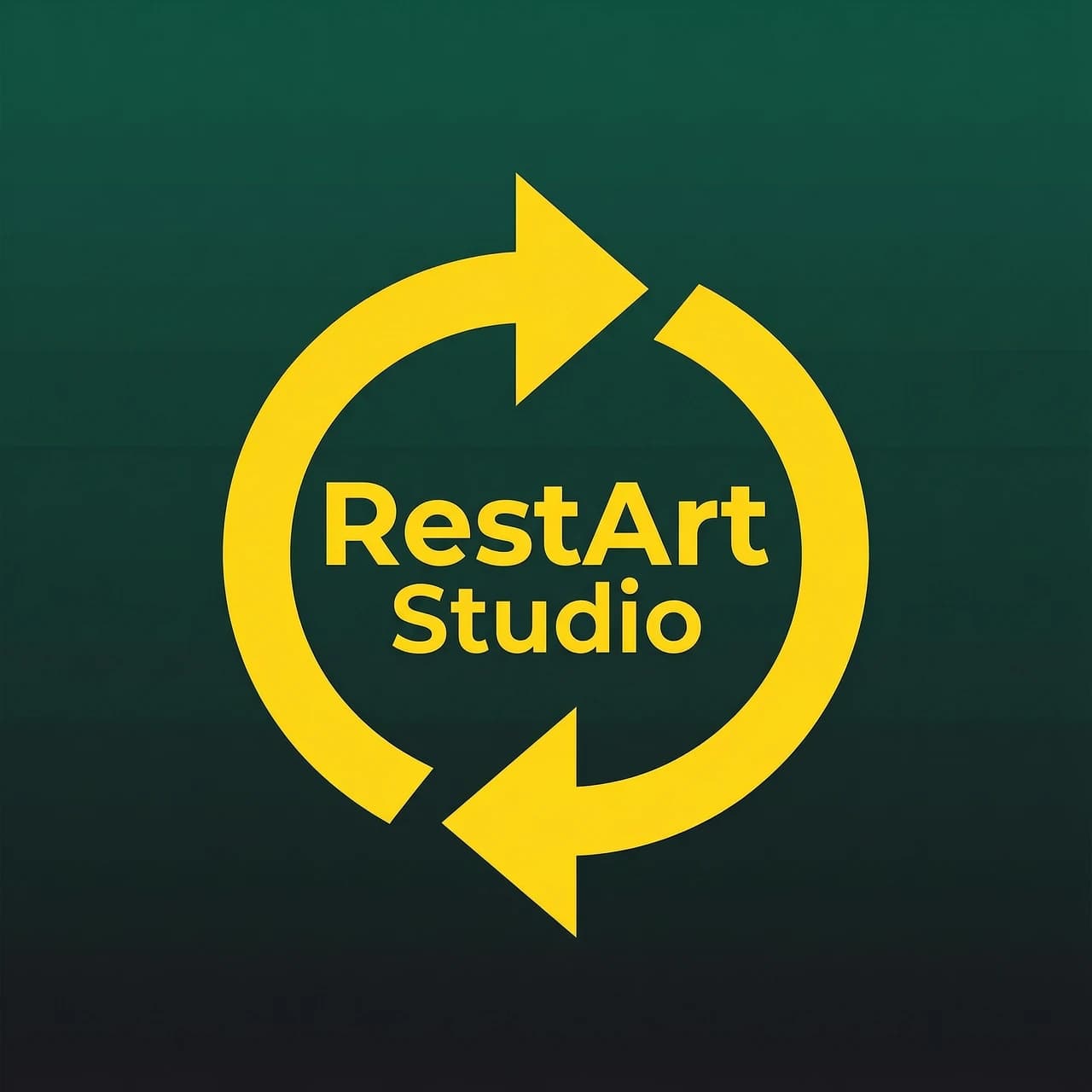 Логотип для студии детейлинга RestArt Studio.
Основной элемент: знак перезагрузки — круговая стрелка, замкнутая в кольцо (⟳).
Хвост наконечник стрелки выполнен в виде острого кончика кисточки (стрелка сама является кистью).
ВНУТРИ знака перезагрузки (во внутреннем пространстве круга) вписаны слова:
- Верхняя часть внутри круга: "RestArt"
- Нижняя часть внутри круга: "Studio"
Текст расположен строго внутри кольца стрелки, по центру, вертикально или горизонтально (как лучше впишется).
Буквы не выходят за границы круга.
Цвета:
- Фон: градиент от тёмно-изумрудного (#003D2E) до глубокого чёрно-зелёного (#001A14)
- Сама стрелка-кисть: ярко-жёлтая (#FFD700)
- Текст внутри: ярко-жёлтый (#FFD700)
- Больше никаких цветов нет
Шрифт:
- Строгий геометрический шрифт без засечек (Helvetica, Gotham, Montserrat)
- Все буквы заглавные, жирные, чёткие
- "RestArt" — крупнее
- "Studio" — чуть мельче
Строгие требования:
- Текст обязательно ВНУТРИ знака перезагрузки
- Никаких брызг, капель, мазков, полос, лучей
- Никаких теней, объёмов, 3D, свечений
- Никаких отдельных кистей рядом
- Стиль: минимализм, плоский вектор, строгая геометрия
- Центрированная композиция
- Премиальный, технологичный вид