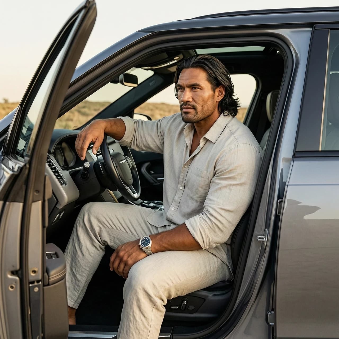 A very handsome, large and muscular 30-year-old Maori man. Men's mid-length Bro Flow haircut. Light stubble on his face. He is wearing a loose casual cotton shirt and simple linen trousers. Expensive luxury watch on his wrist. He is sitting in the driver's seat of a luxury modern SUV with the driver's door open. Highly detailed realistic photo, cinematic lighting, professional photography.