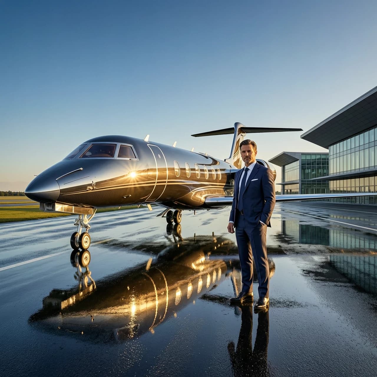 Cinematic hyper-realistic commercial aviation photography of a prestigious private airbase. A sleek, cutting-edge luxury private jet with a polished chrome and carbon fiber finish stands majestically on a dark, glistening wet asphalt runway at an elite airport terminal during golden hour. In the foreground, a confident, wealthy high-profile executive stands with an authoritative posture, embodying success and ownership, dressed in a bespoke tailored suit. The composition is a dramatic wide-angle shot from a low-angle perspective, emphasizing the immense scale and grandeur of the aircraft. Warm sunlight hits the fuselage, creating brilliant specular highlights and long, soft shadows, while the wet ground provides perfect mirror-like reflections of the jet and the terminal. The background features sophisticated glass and steel terminal architecture with sharp geometric lines. High depth of field ensures crisp details from the metallic rivets of the plane to the distant architectural structures. Mood is elite, powerful, and aspirational. Color palette is dominated by deep navy blues and cool azure tones, contrasted by warm amber sunlight. Shot on 35mm lens, 8K resolution, extreme texture detail, photorealistic masterpiece, high-end advertising aesthetic.